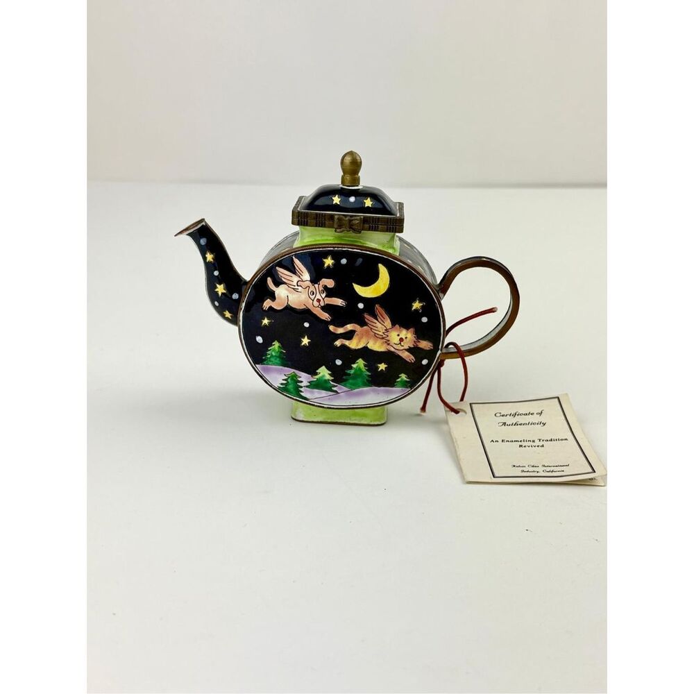 NOS Kelvin Chen Miniature Enamel Copper Decorative Teapot Dog and Cat Angles EN2